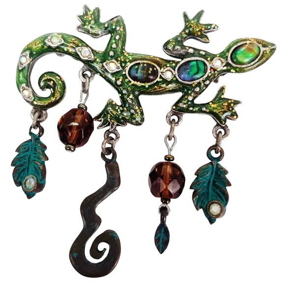 Vintage Green Enamel Gecko Lizard Brooch Abalone Shell Inlay Dangle Figural Pin - Picture 1 of 10